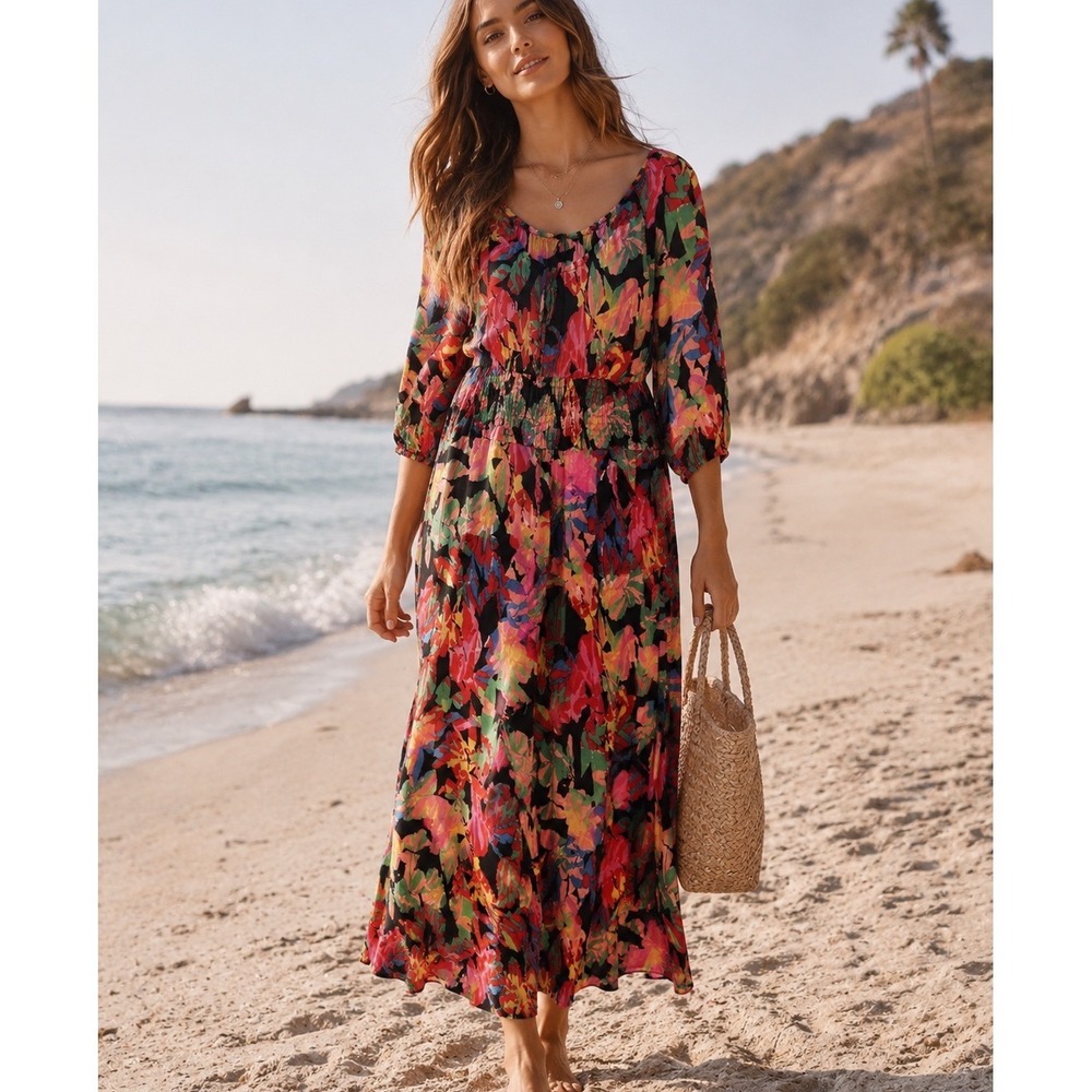 Metrostyle Tropical Print Maxi Dress Beach Resort Smocked Waist Rayon Boho Large